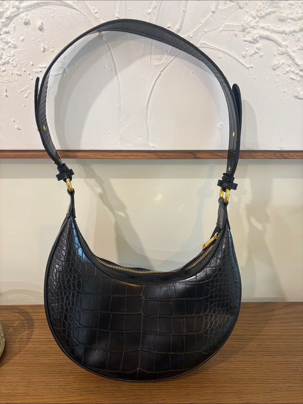JW PEI Black Croc-Embossed Crescent Shoulder Bag